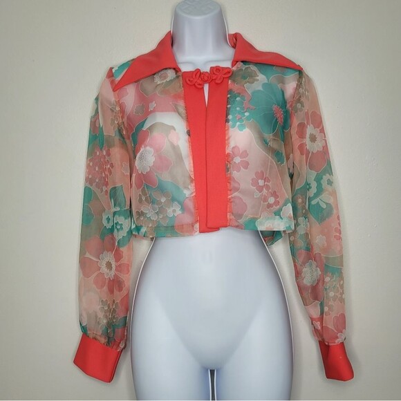 Vintage 60's 70's semi-sheer flower print long sleeve cropped jacket lightweight - Picture 1 of 5